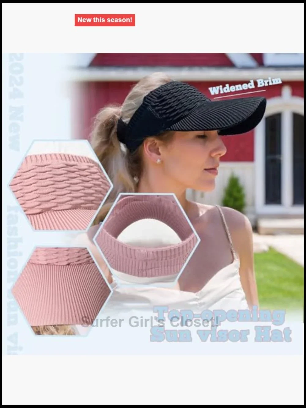 Wide Brim Sun Visor with UV Protection, Knitted Running Hat, Ponytail Friendly